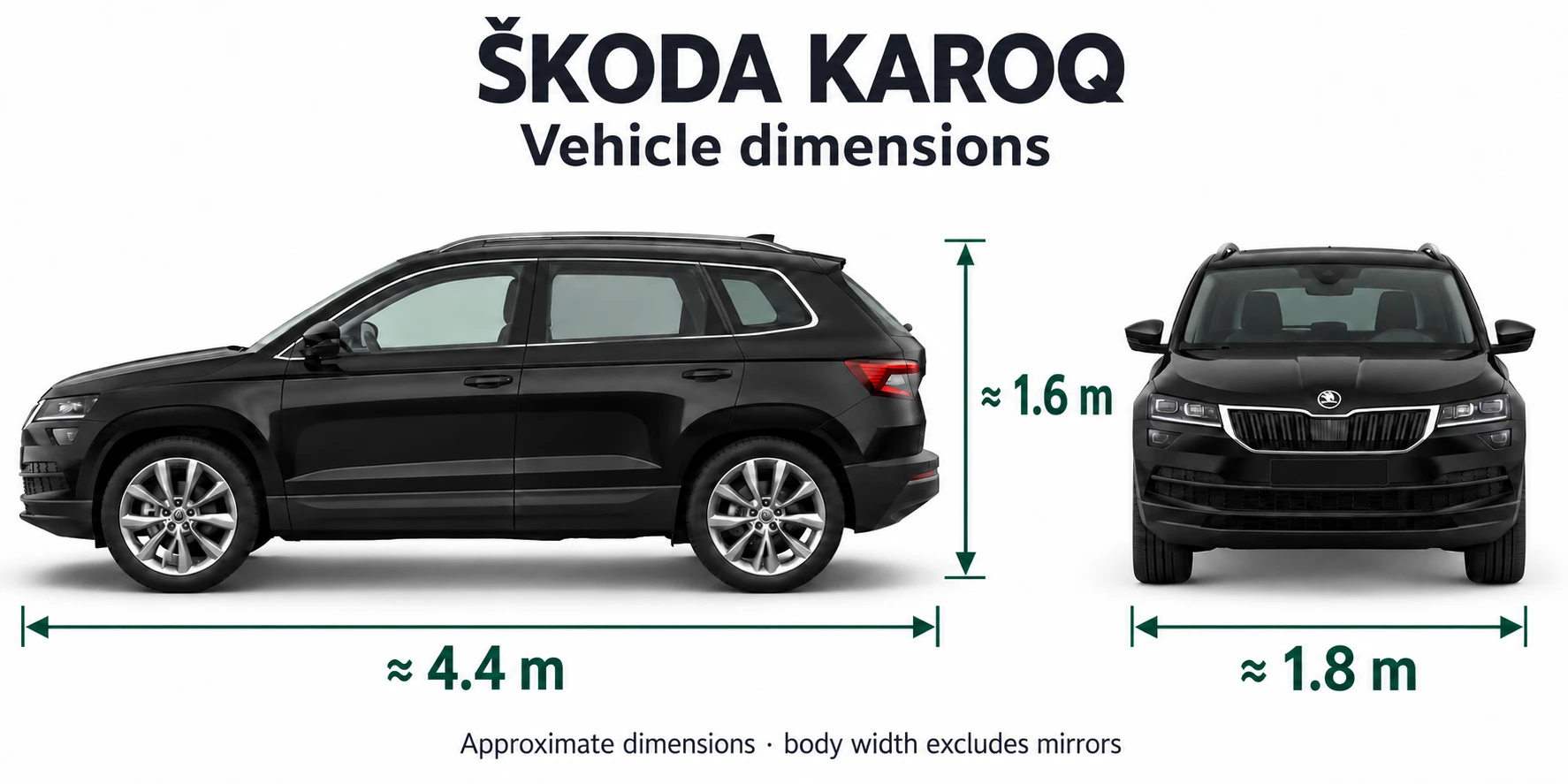 Škoda Karoq dimensions: approximately 4.4 × 1.8 × 1.6 m